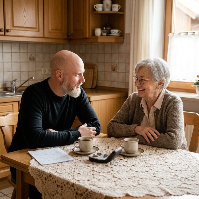 Hörakustiker berät eine Seniorin am Küchentisch